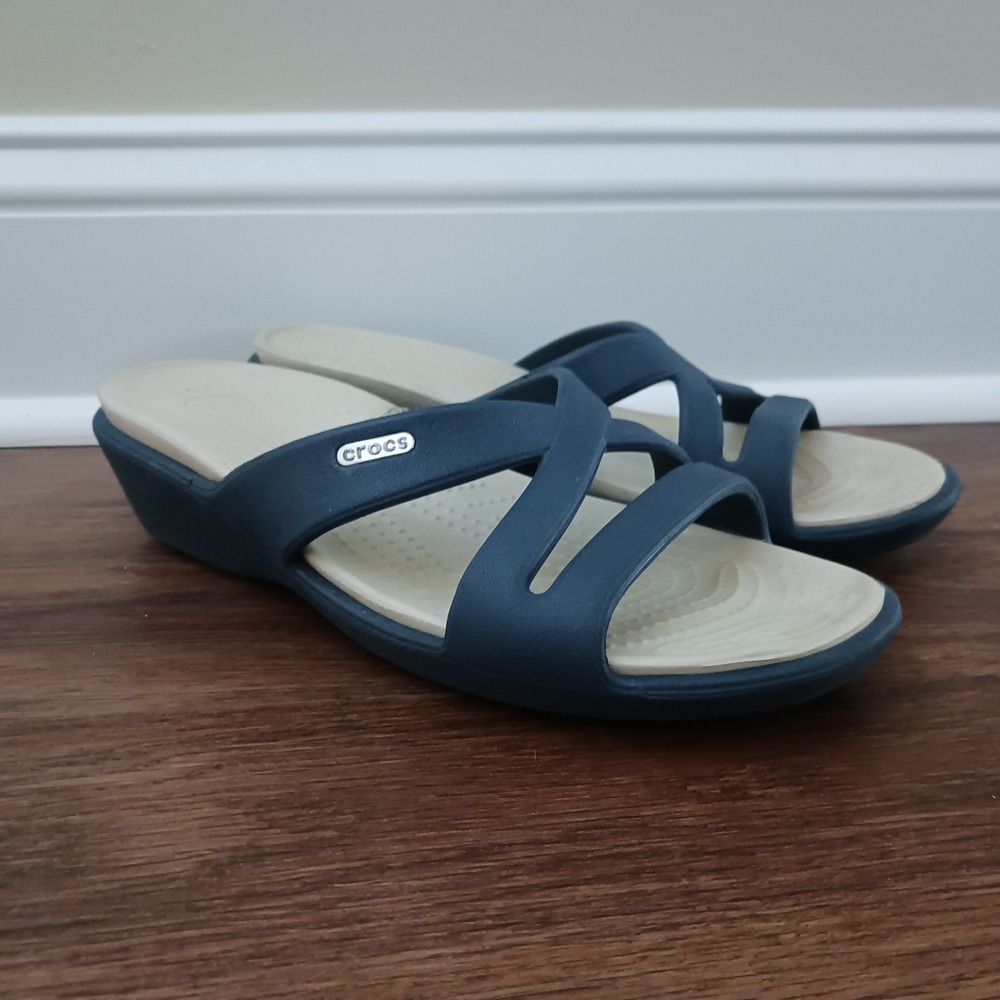Crocs Meleen Twist Navy Blue Tan Strappy Wedge Slide Sandals Womens 9